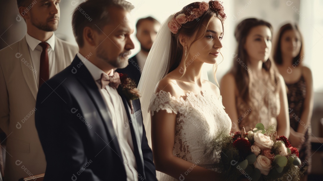 Cerimônia de casamento com casal recém-casado.