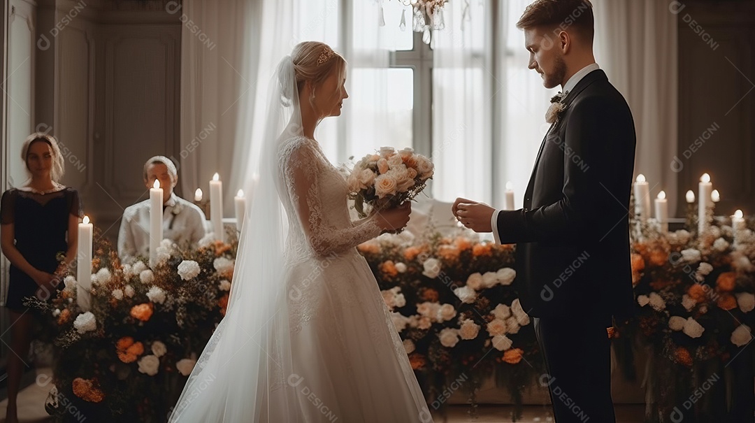 Cerimônia de casamento com casal recém-casado.