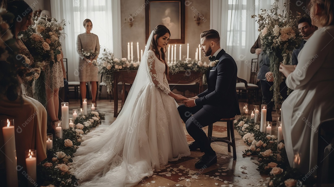 Cerimônia de casamento com casal recém-casado.