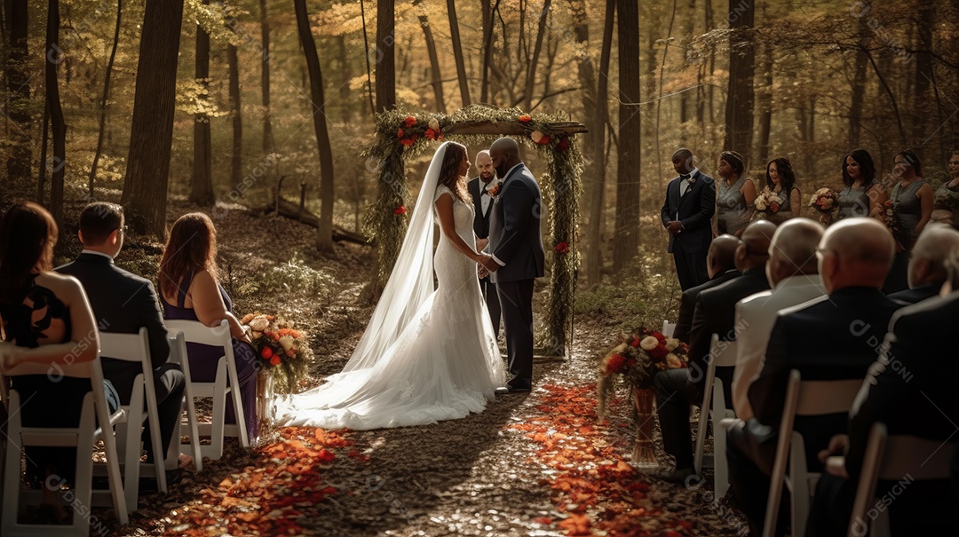 Cerimônia de casamento com casal recém-casado.