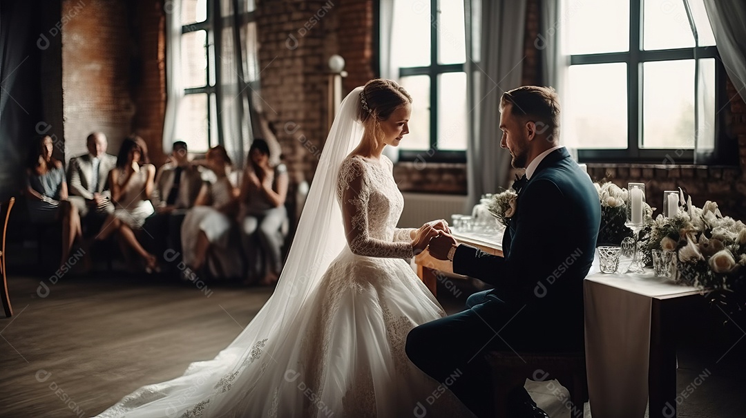 Cerimônia de casamento com casal recém-casado.