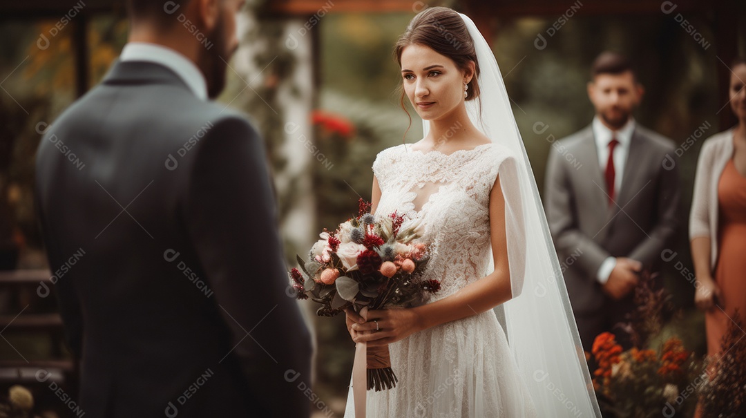 Cerimônia de casamento com casal recém-casado.