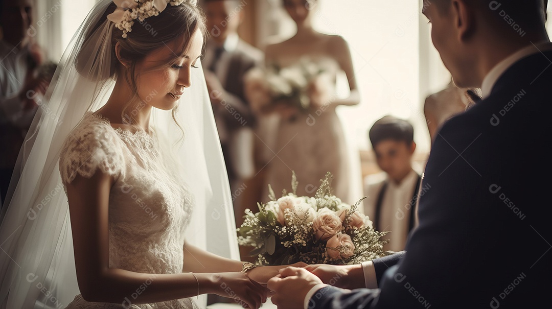 Cerimônia de casamento com casal recém-casado.