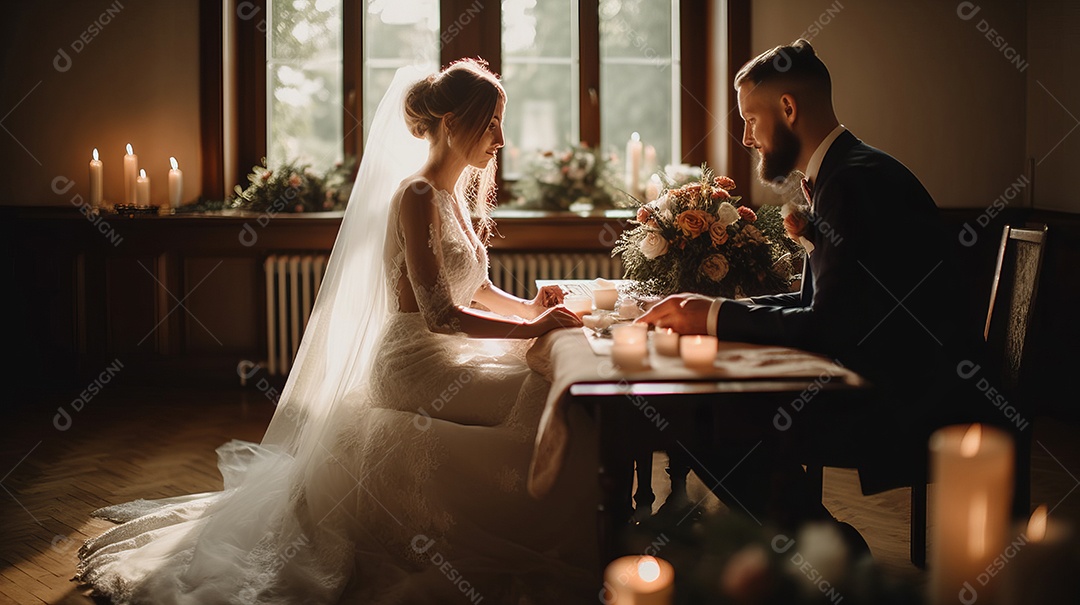 Cerimônia de casamento com casal recém-casado.
