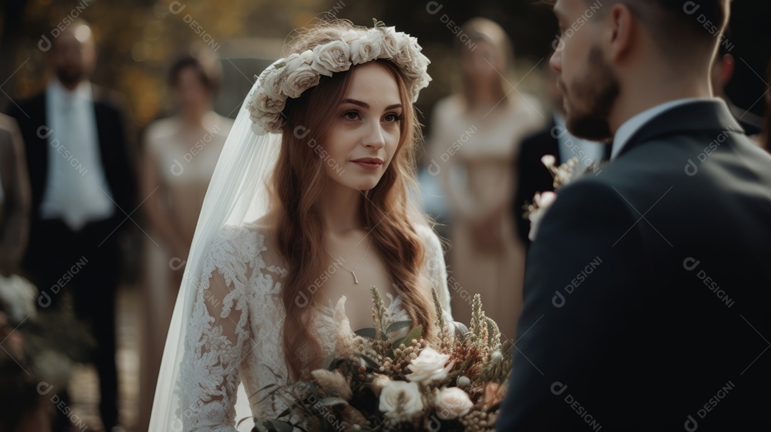 Cerimônia de casamento com casal recém-casado.