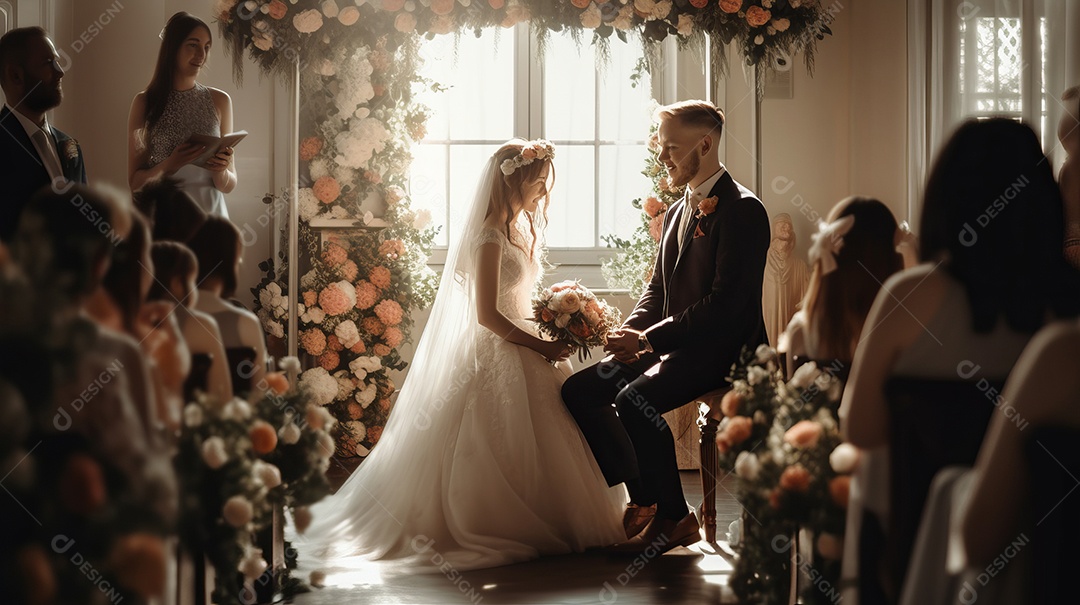 Cerimônia de casamento com casal recém-casado.