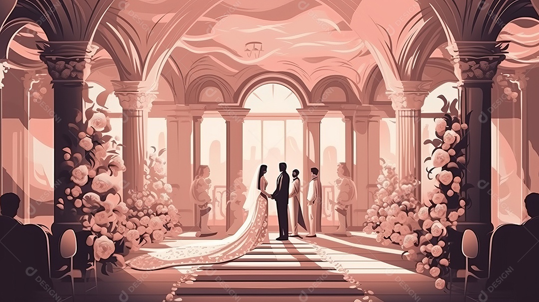 Cerimônia de casamento com casal recém-casado.