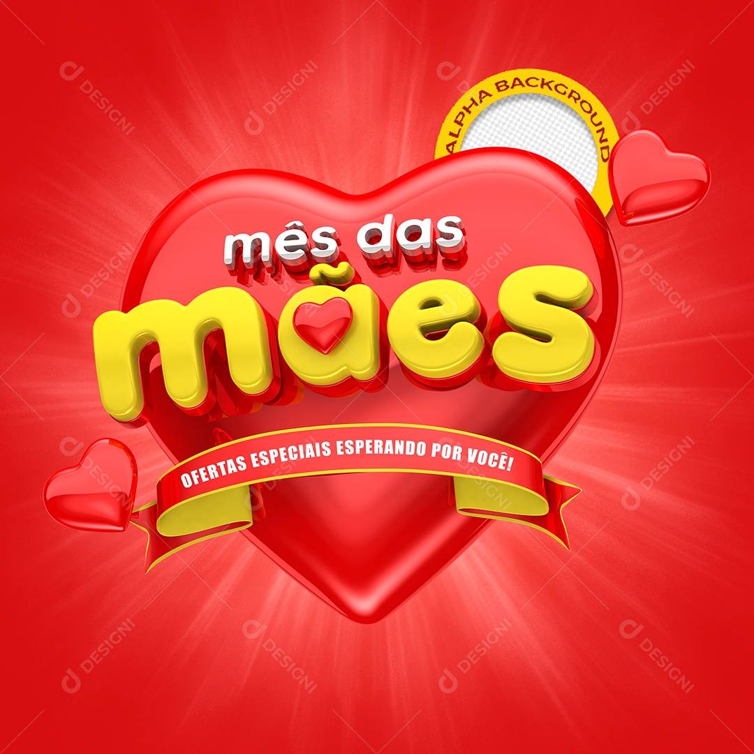 Selo 3D Mês Das Mães Coração Vermelho PSD Editavel