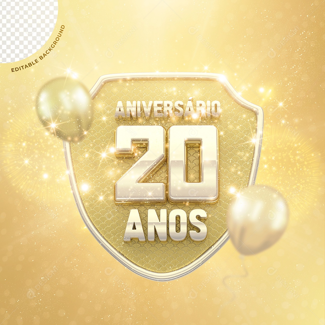 Selo 3D Dourado Aniversario 20 Anos Para Composição PSD