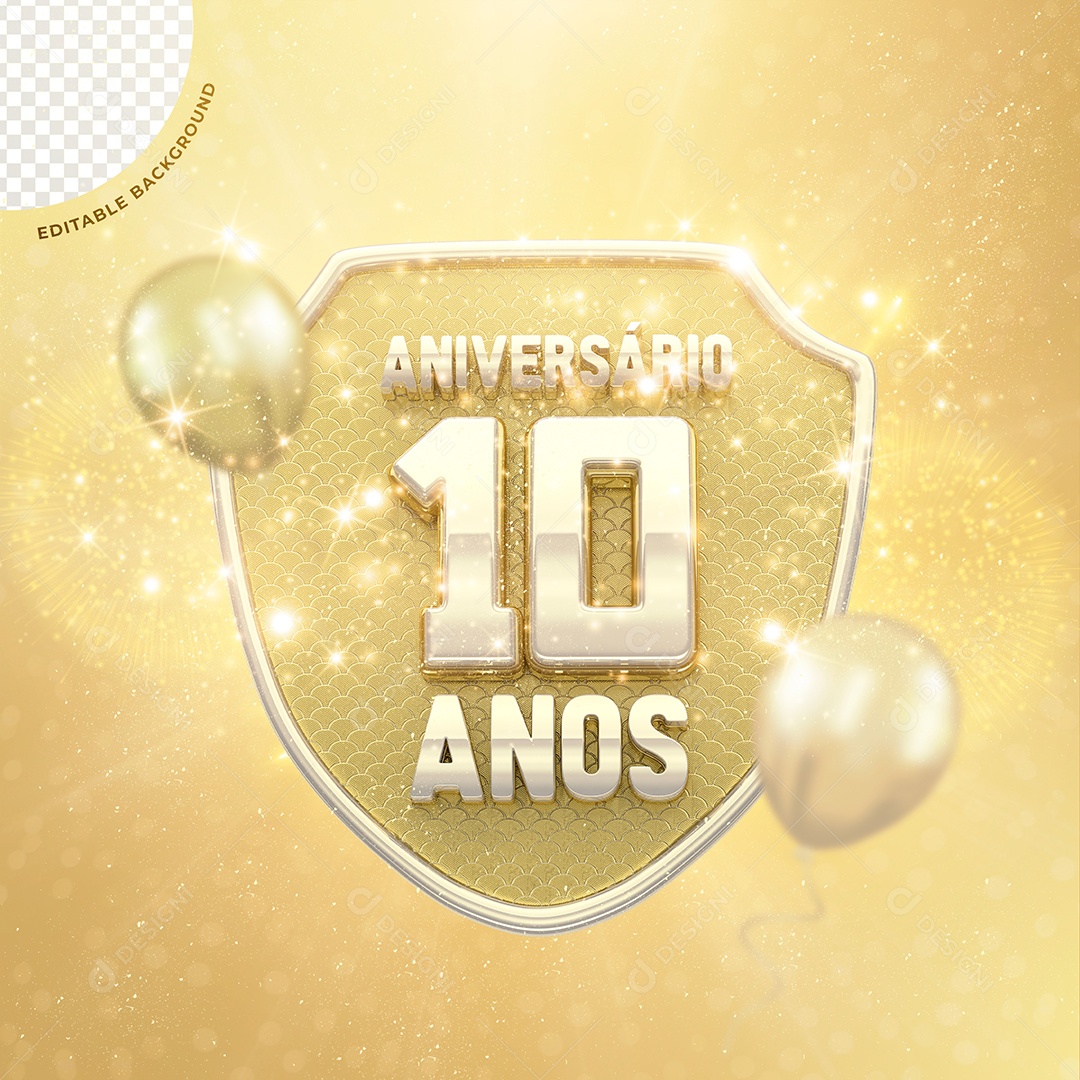 Selo 3D Dourado Aniversario 10 Anos Para Composição PSD