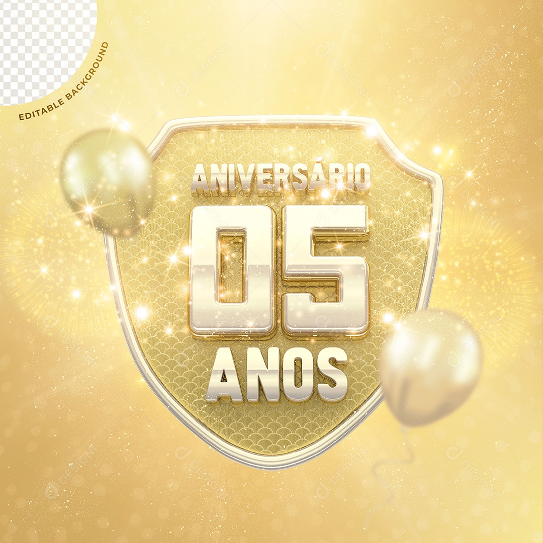 Selo 3D Dourado Aniversario 05 Anos Para Composição PSD