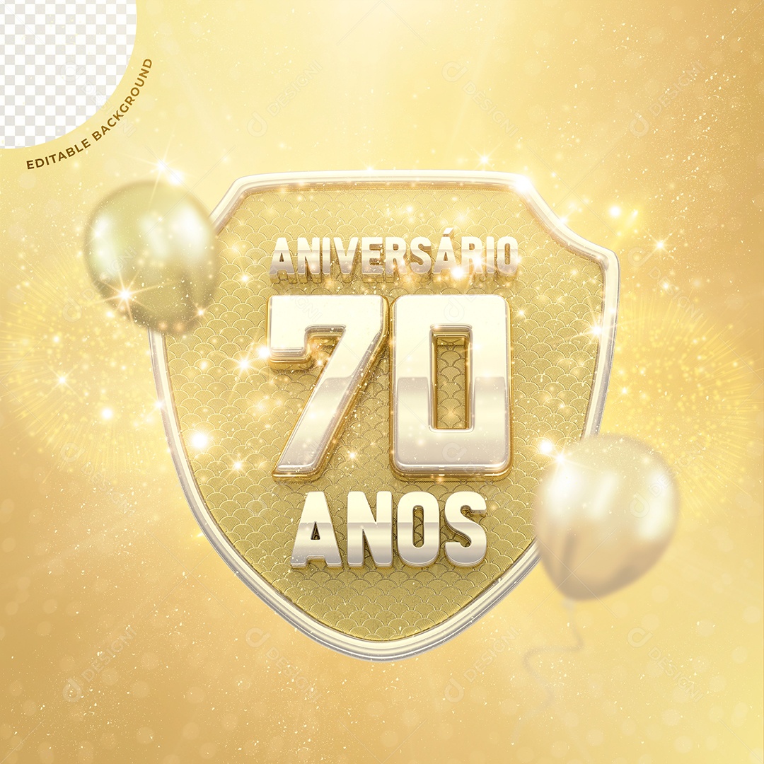 Selo 3D Dourado Aniversário 70 Anos Para Composição PSD