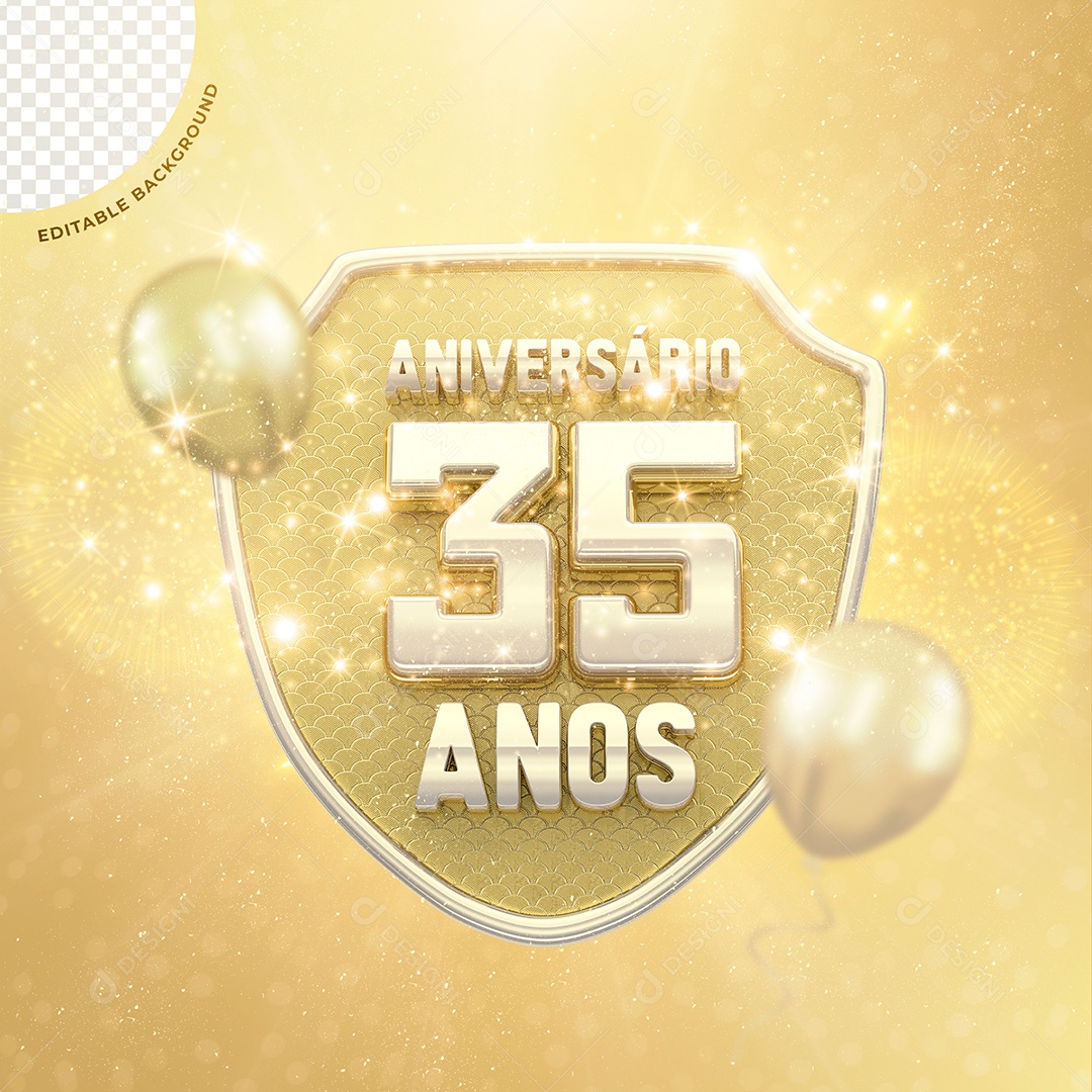Selo 3D Dourado Aniversário 35 Anos Para Composição PSD