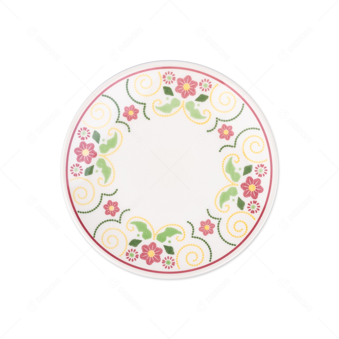 Placa cerâmica decorada com flores cor de rosa e folhas isoladas sobre fundo branco,