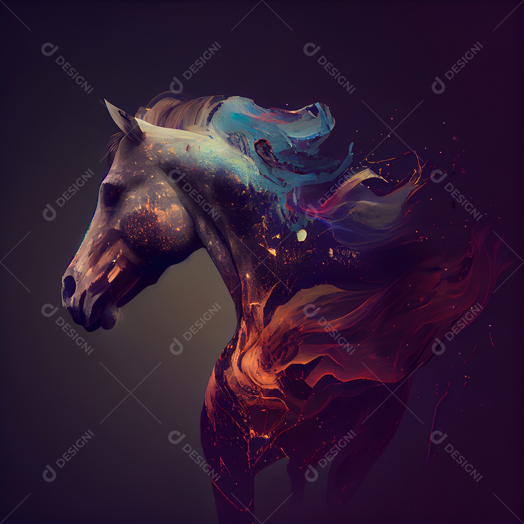 Cavalo branco com crina preta e crina longa em renderização 3D