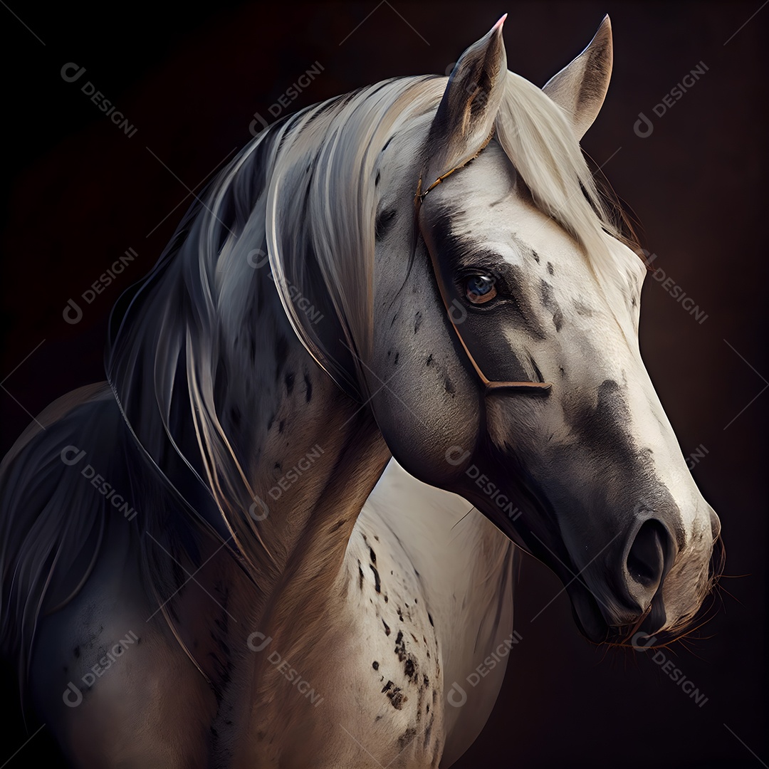 Cavalo branco com crina preta e crina longa em renderização 3D