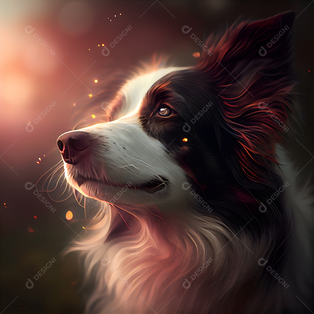 Retrato de um cachorro em pintura digital sobre fundo preto