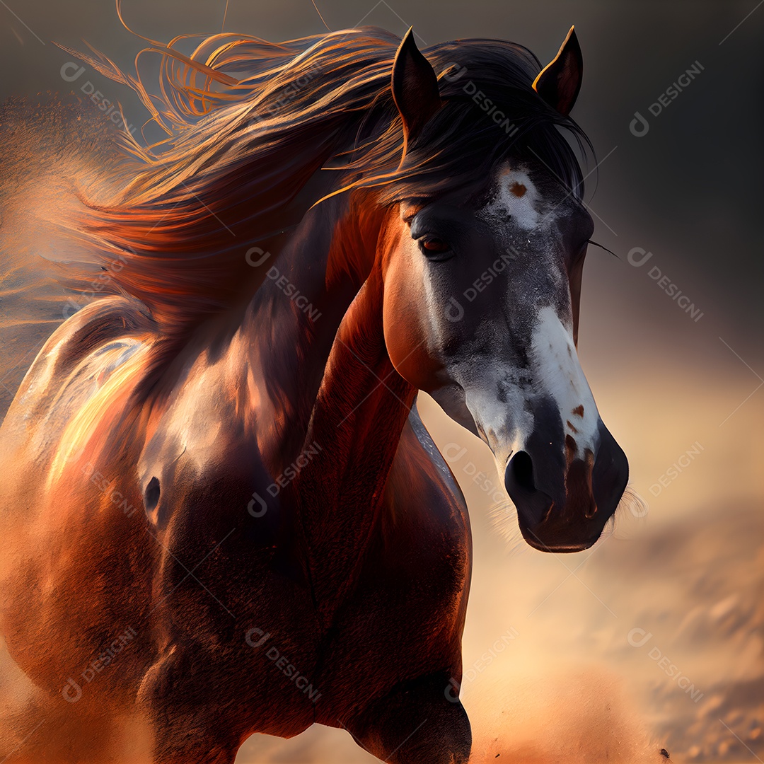 Cavalo branco com crina preta e crina longa em renderização 3D