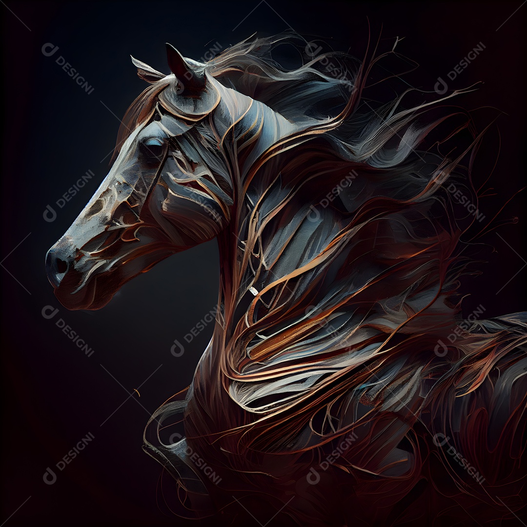 Cavalo branco com crina preta e crina longa em renderização 3D