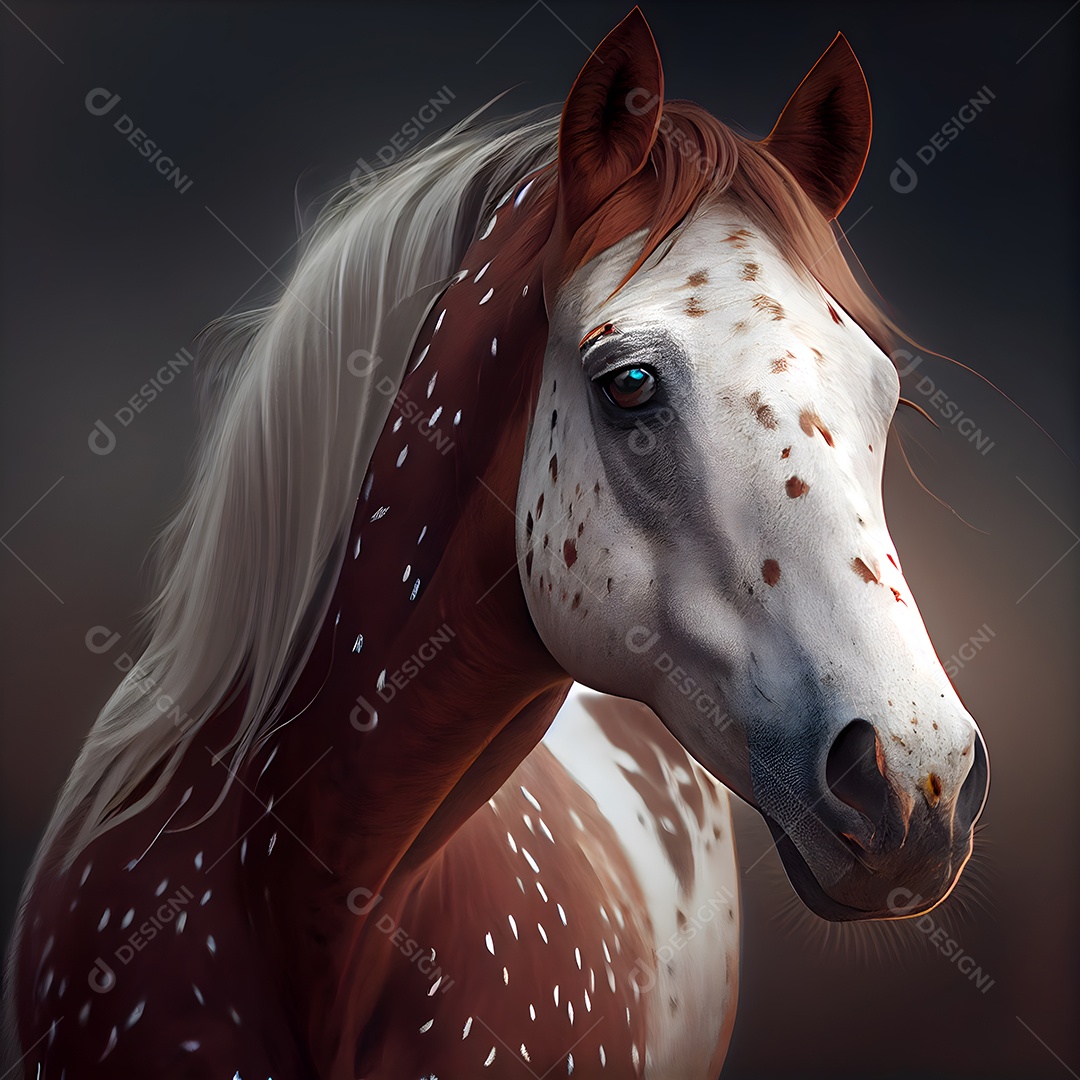 Cavalo branco com crina preta e crina longa em renderização 3D