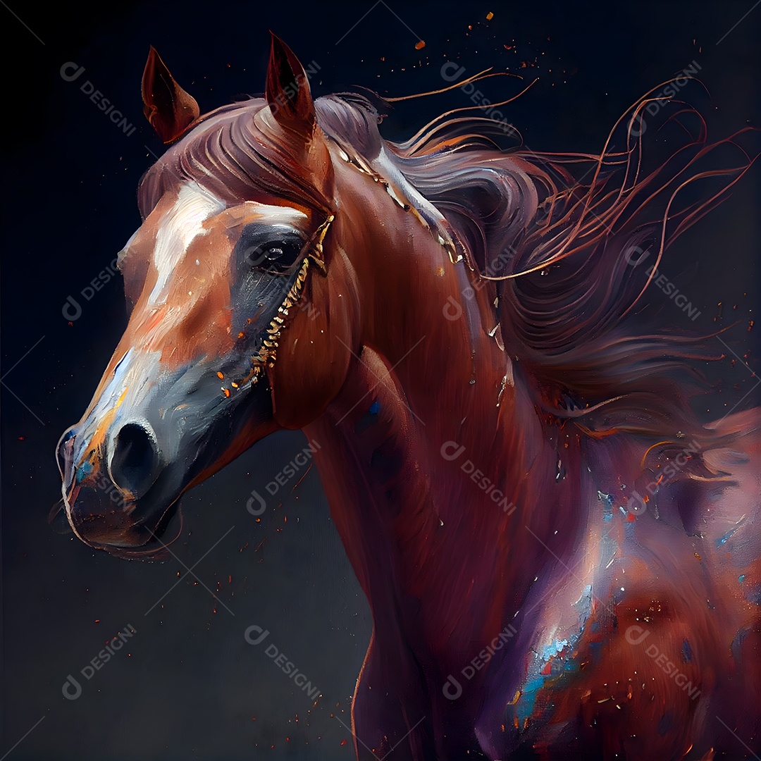 Cavalo branco com crina preta e crina longa em renderização 3D