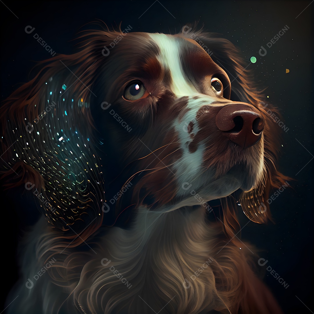 Retrato de um cachorro em pintura digital sobre fundo preto