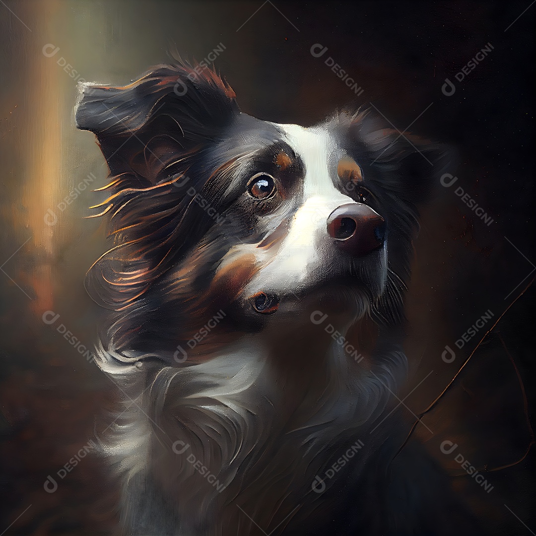 Retrato de um cachorro em pintura digital sobre fundo preto