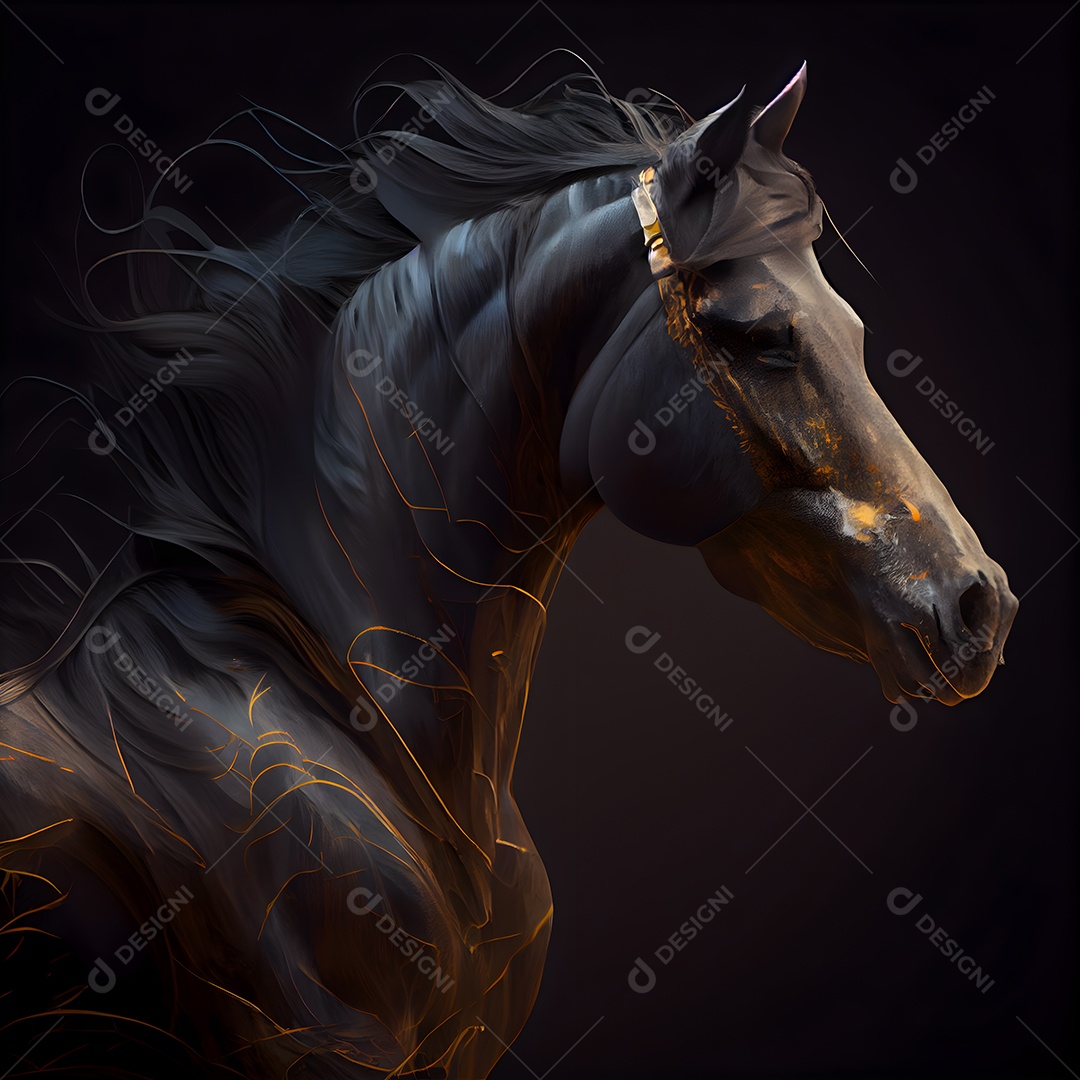 Cavalo branco com crina preta e crina longa em renderização 3D