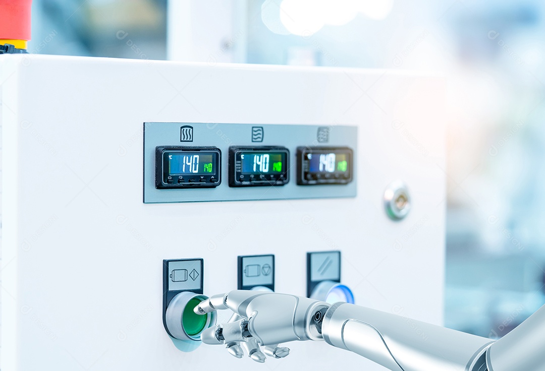 Robôs humanoides com braço robótico trabalhando na produção da fábrica