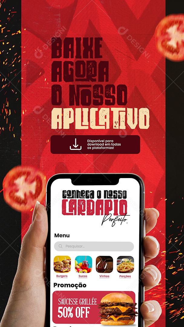 Social Media Story Nosso Aplicativo Hamburgueria PSD Editável