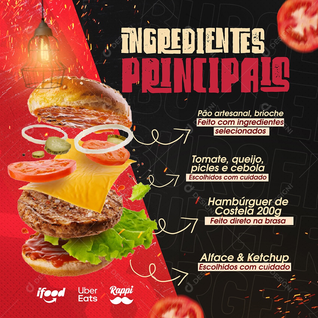 Social Media Feed Ingredientes Principais Hamburgueria PSD Editável