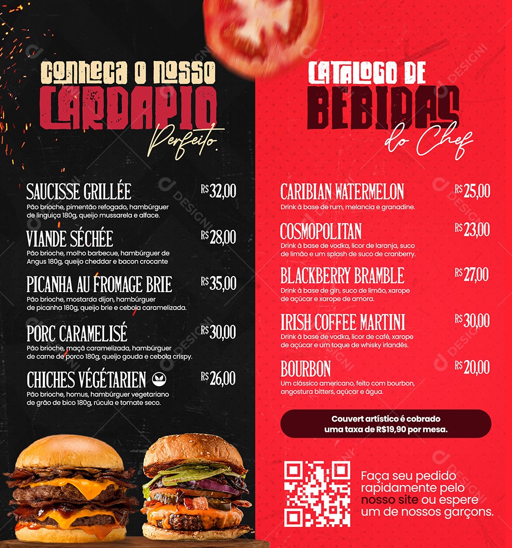 Social Media Feed Conheça Nosso Cardápio Hamburgueria PSD Editavel