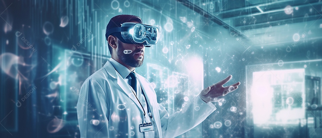 Médico usando fone de ouvido VR para analisar o holograma do cérebro humano e outras partes do corpo com tecnologia futurista de realidade virtual.
