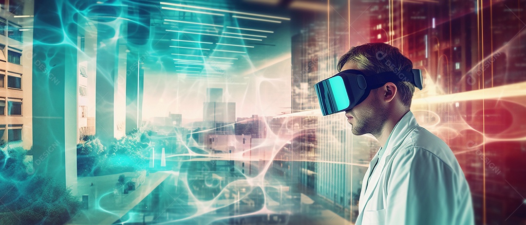 Médico usando fone de ouvido VR para analisar o holograma do cérebro humano e outras partes do corpo com tecnologia futurista de realidade virtual.