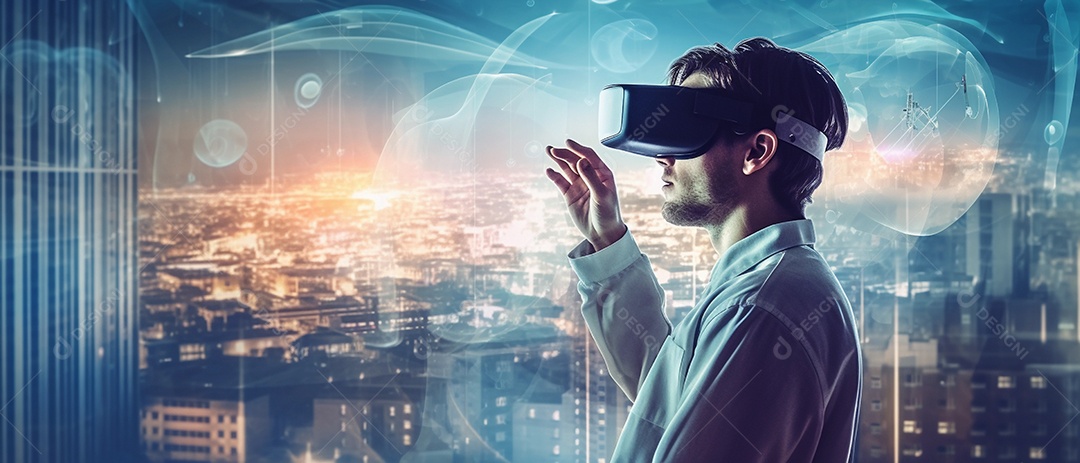 Médico usando fone de ouvido VR para analisar o holograma do cérebro humano e outras partes do corpo com tecnologia futurista de realidade virtual.