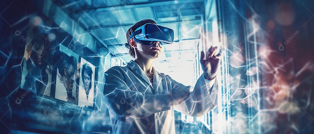 Médico usando fone de ouvido VR para analisar o holograma do cérebro humano e outras partes do corpo com tecnologia futurista de realidade virtual.