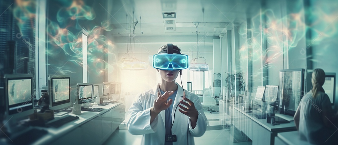 Médico usando fone de ouvido VR para analisar o holograma do cérebro humano e outras partes do corpo com tecnologia futurista de realidade virtual.