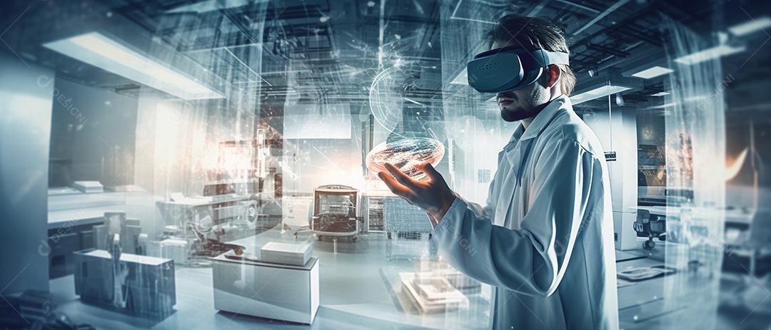 Médico usando fone de ouvido VR para analisar o holograma do cérebro humano e outras partes do corpo com tecnologia futurista de realidade virtual.