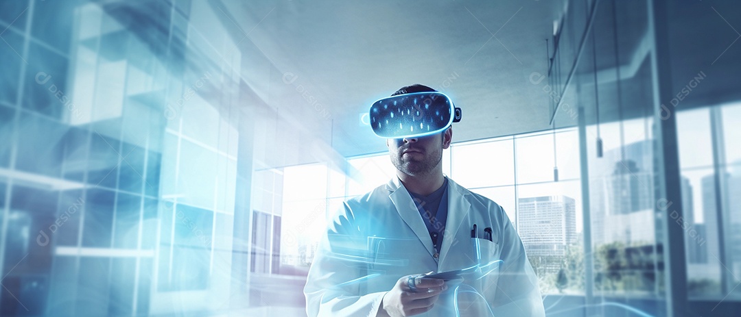 Médico usando fone de ouvido VR para analisar o holograma do cérebro humano e outras partes do corpo com tecnologia futurista de realidade virtual.