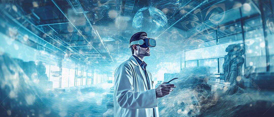 Médico usando fone de ouvido VR para analisar o holograma do cérebro humano e outras partes do corpo com tecnologia futurista de realidade virtual.