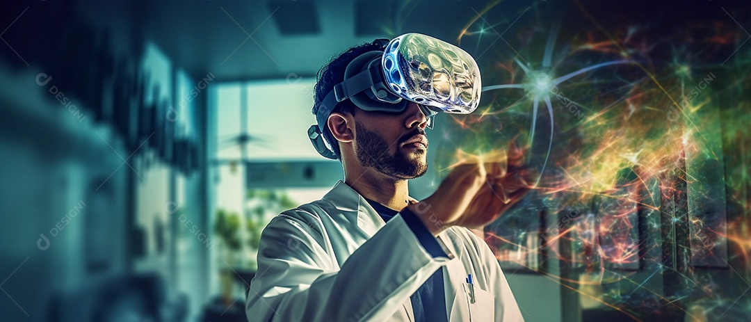 Médico usando fone de ouvido VR para analisar o holograma do cérebro humano e outras partes do corpo com tecnologia futurista de realidade virtual.