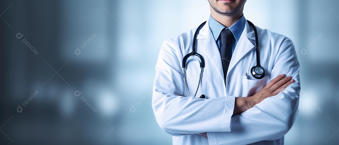 Médico masculino com braços cruzados em fundo limpo com espaço de cópia ou área de texto.