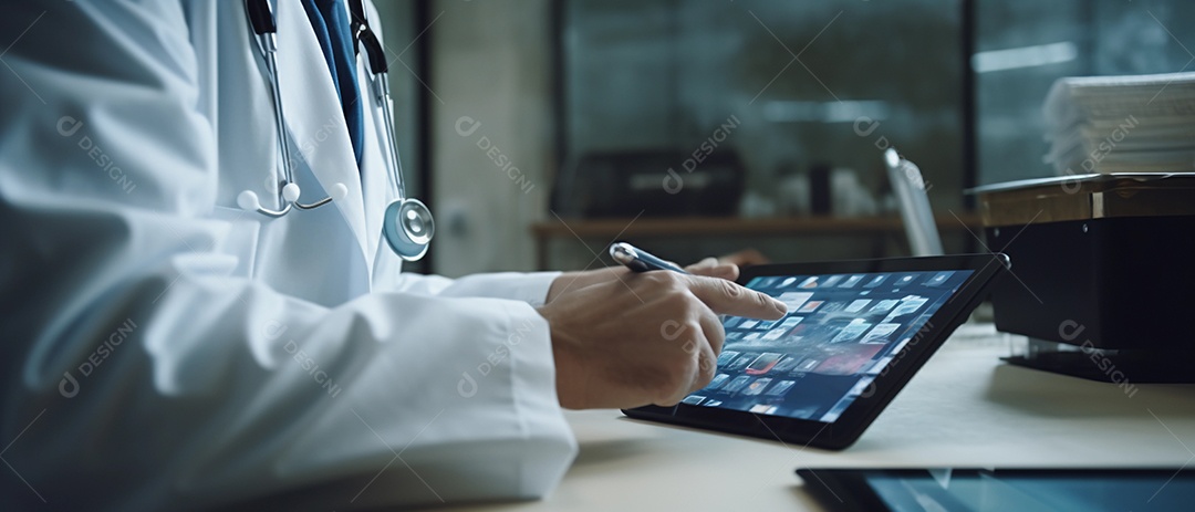 médico do sexo masculino usando um dispositivo tablet digital para manter o registro dos pacientes.