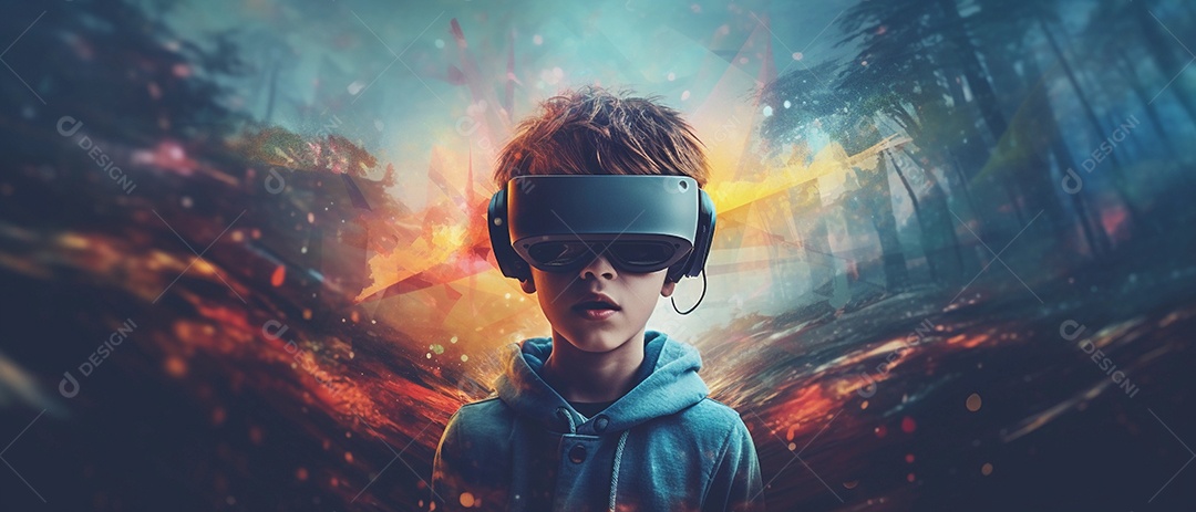 Garotinho ou adolescente usando fone de ouvido VR de realidade virtual para entrar em outro mundo. conceito de jogo futurista.