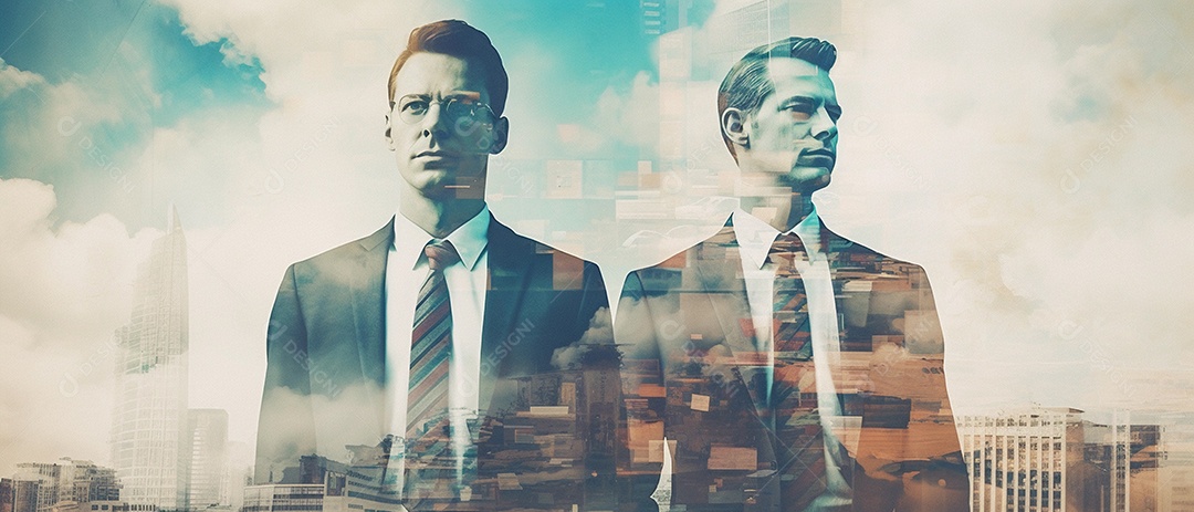 Ilustração de fotografia de dupla exposição de homens fazendo negócios com prédios de escritórios em segundo plano.