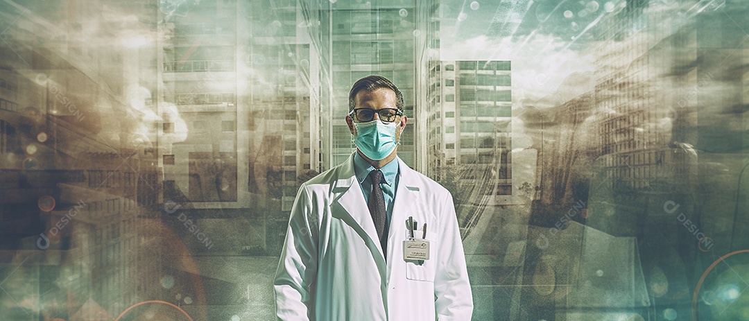 médico ou médico em fundo de dupla exposição com edifícios hospitalares e usando máscara facial.