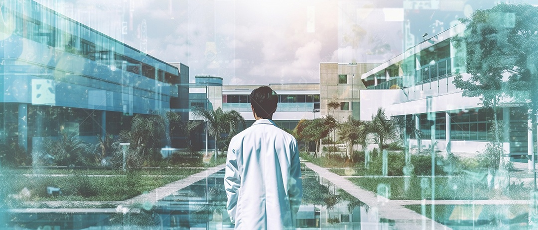 Médico em fundo de dupla exposição com edifícios hospitalares e usando máscara facial.