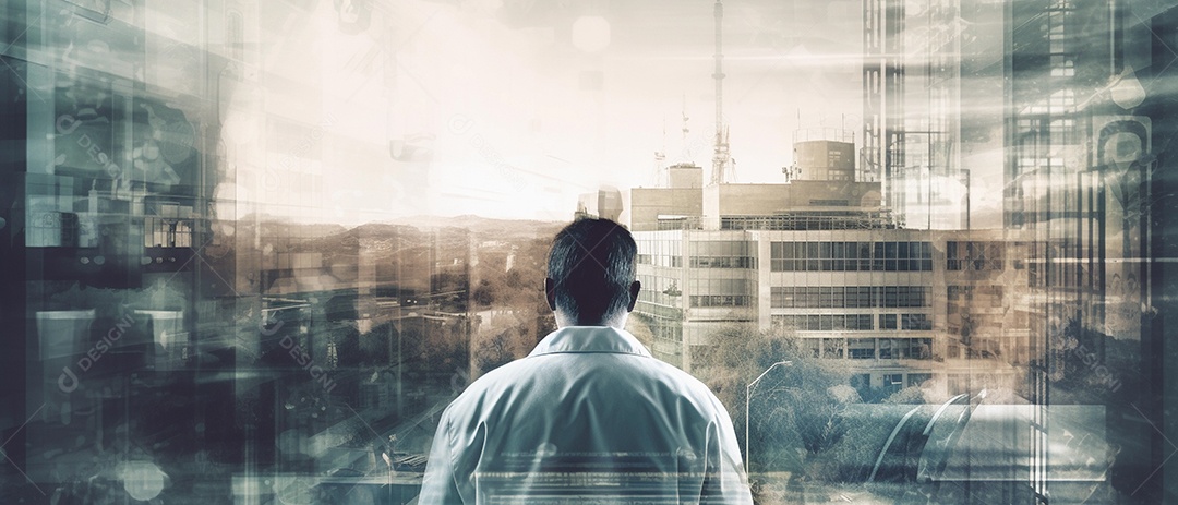 Médico em fundo de dupla exposição com edifícios hospitalares e usando máscara facial.