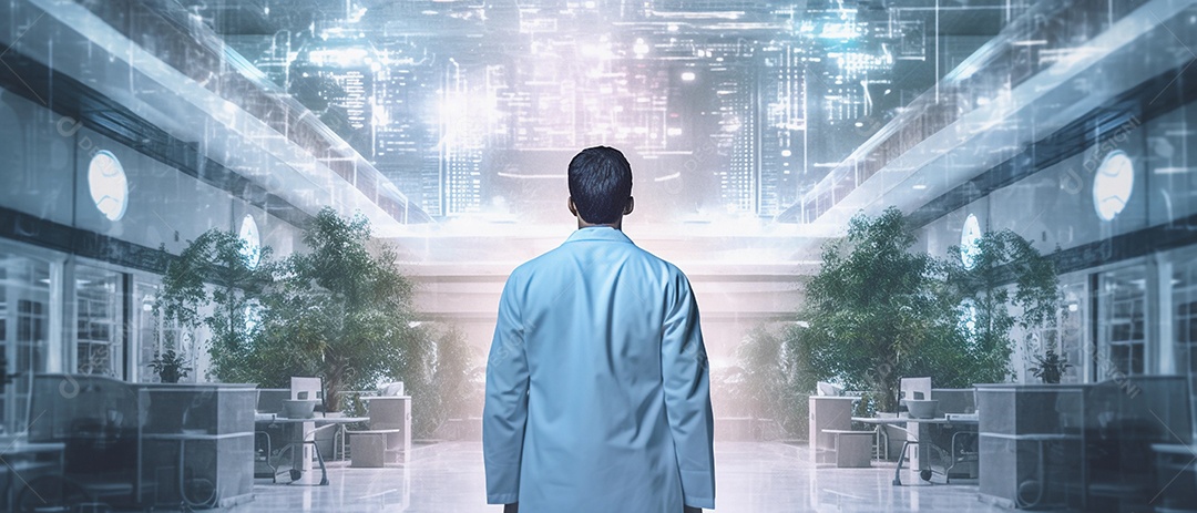 Médico em fundo de dupla exposição com edifícios hospitalares e usando máscara facial.