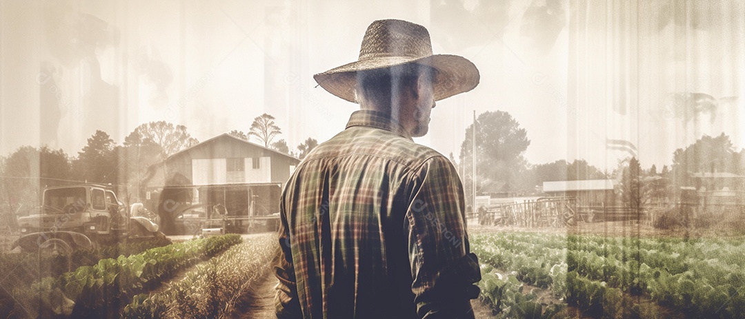 Agricultor trabalhando em sua fazenda, ilustração de foto de dupla exposição.